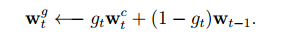 Equation (7): Interpolation is a convex combination of a previous weight vector and the weighting obtained from content addressing (source: original paper)