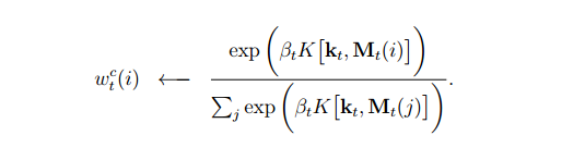 Eq (5): A distance metric computes proximity between the key k and each of the memory rows. The key strength beta is used to emphasize the proximity score. (source: original paper)